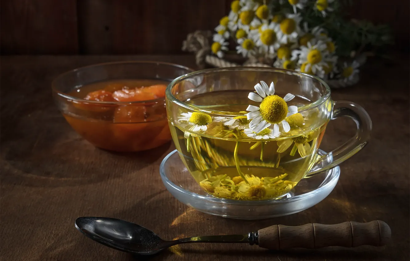 Photo wallpaper glass, light, flowers, table, tea, chamomile, spoon, Cup