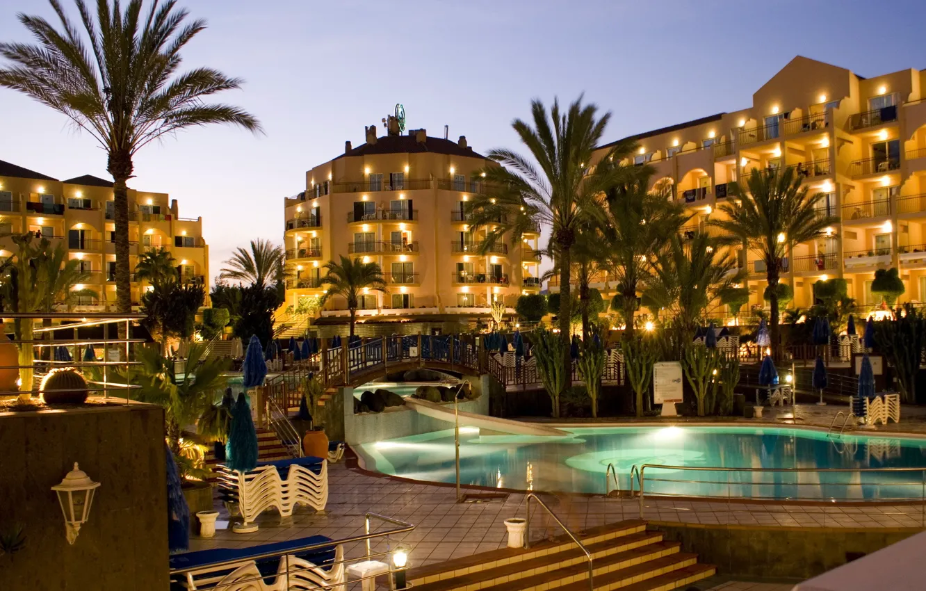 Photo wallpaper palm trees, the pool, the hotel, architecture, the bridge, resort, Spain, Spain
