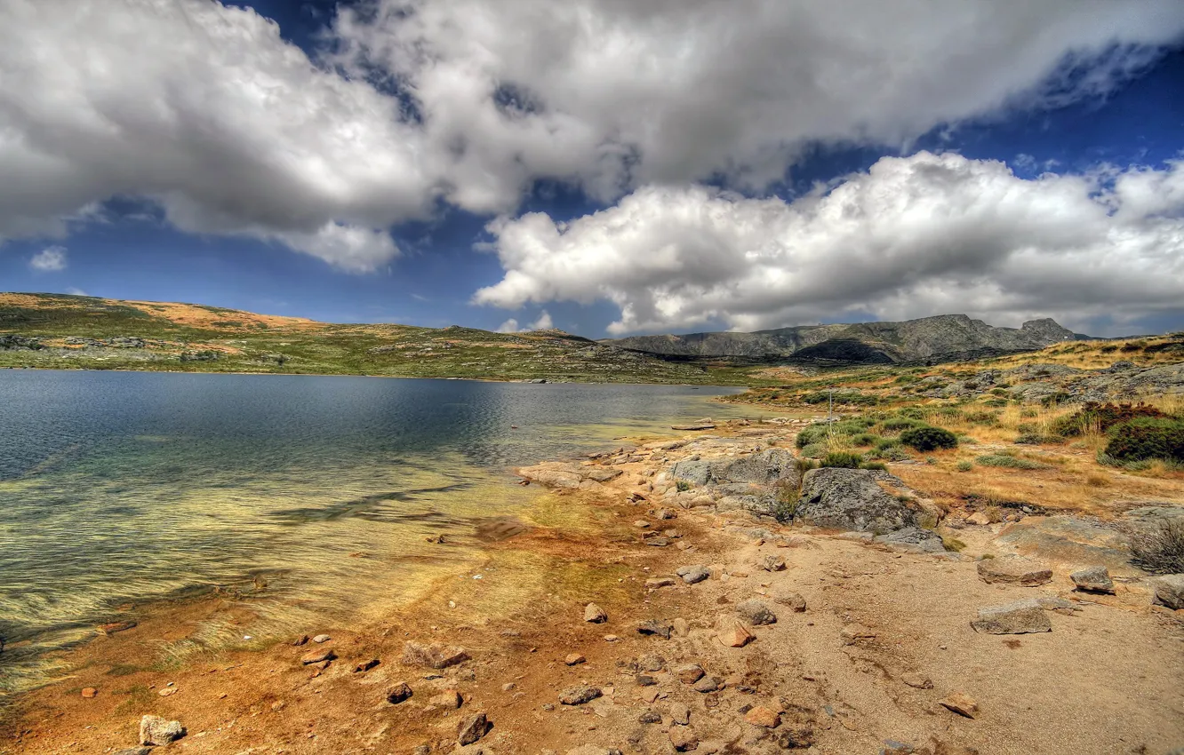 Photo wallpaper clouds, lake, stones, shore