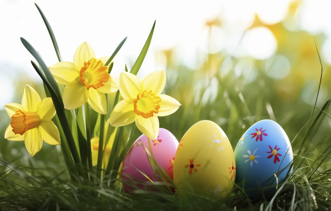 Photo wallpaper grass, flowers, eggs, Easter, daffodils, eggs