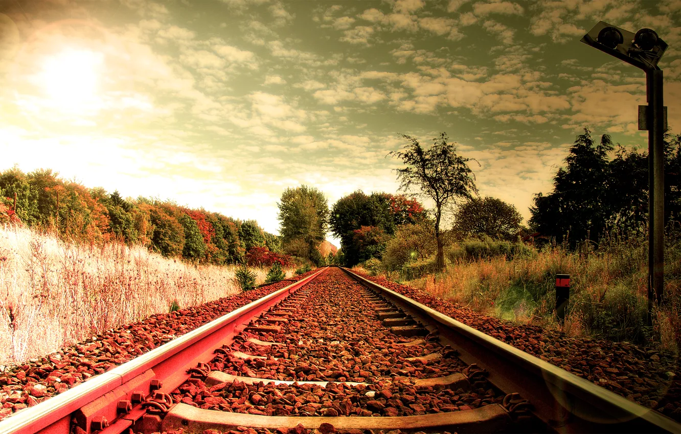Photo wallpaper grass, the way, the way, stones, creative, landscapes, road, rails