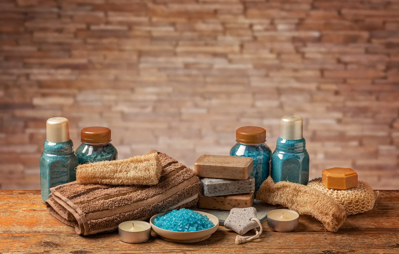 Photo wallpaper towel, candles, soap, jars, bowl, blue, Spa, brick wall