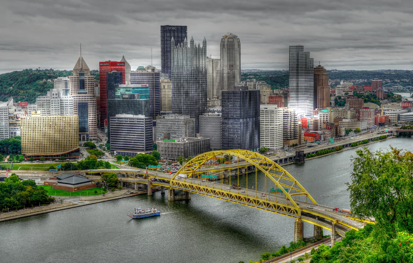 Photo wallpaper bridge, river, HDR, home, skyscrapers, USA, Pittsburgh