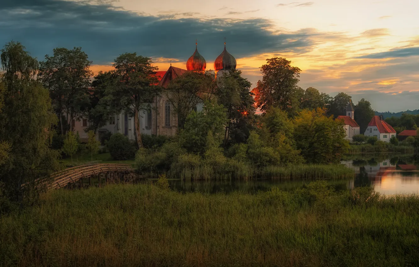Photo wallpaper summer, the sky, grass, clouds, trees, sunset, lake, pond