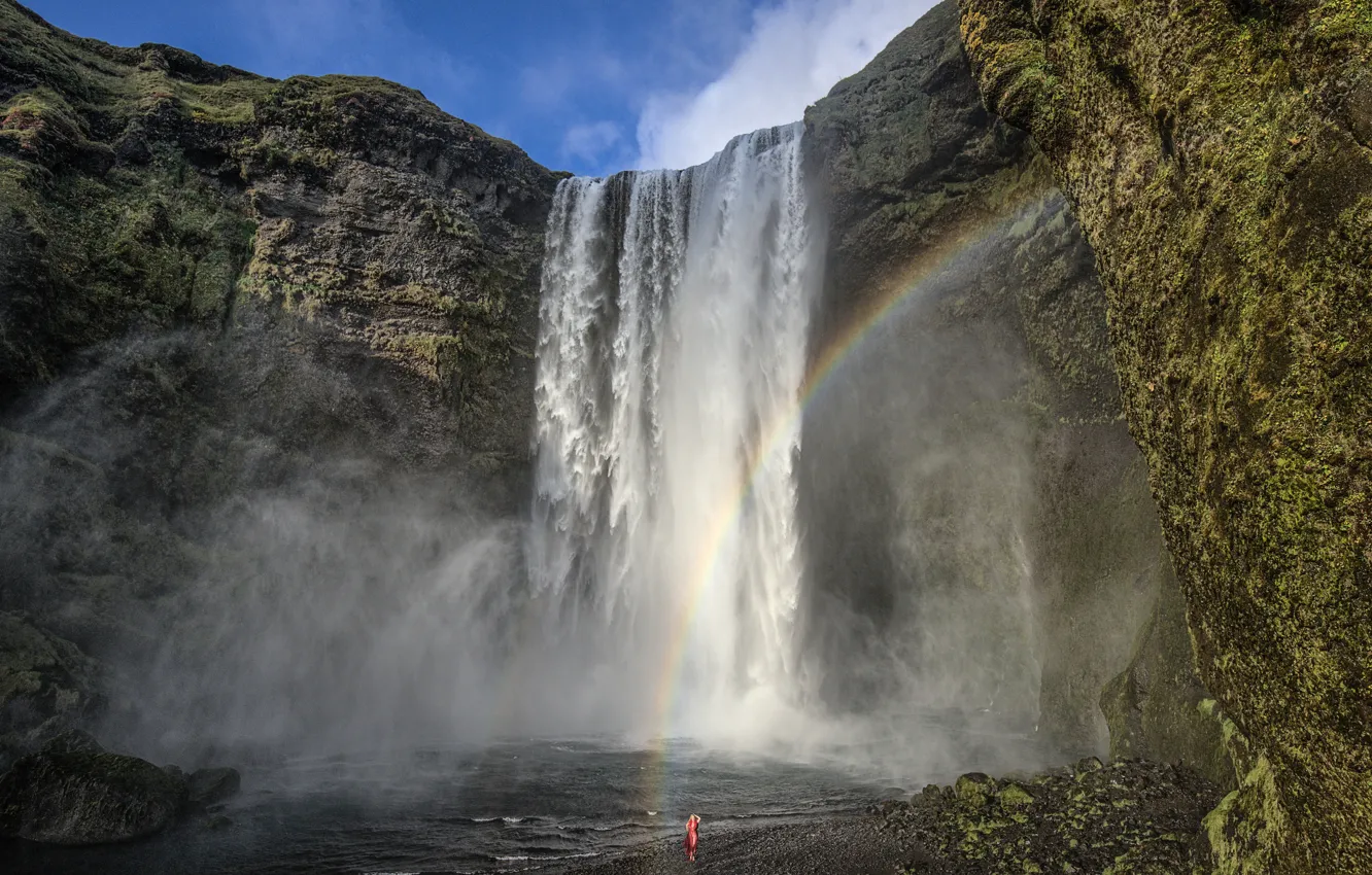 Wallpaper girl, waterfall, rainbow, Iceland for mobile and desktop ...