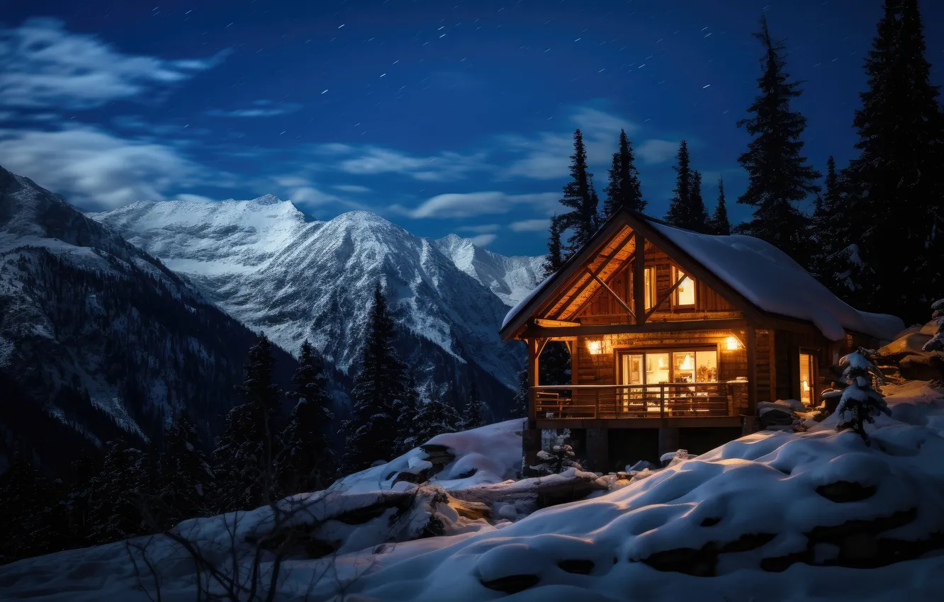 Photo wallpaper winter, forest, snow, mountains, night, nature, house, house