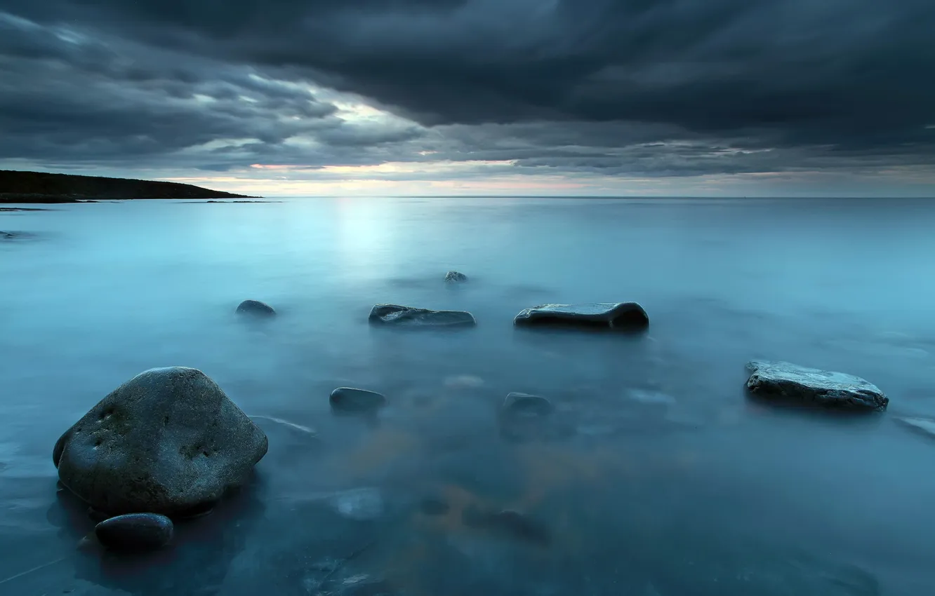 Photo wallpaper sea, landscape, night, stones