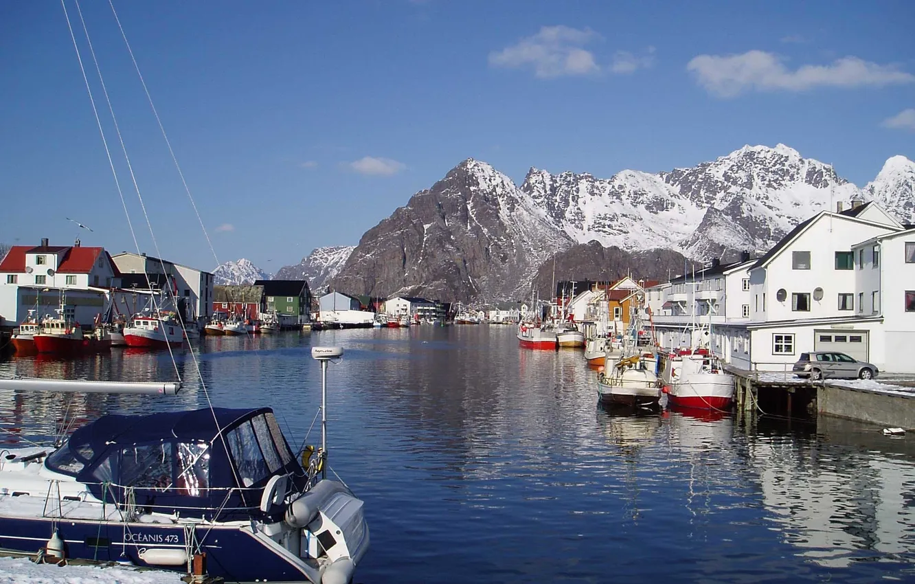 Photo wallpaper rocks, Norway, boats, the village, fishing