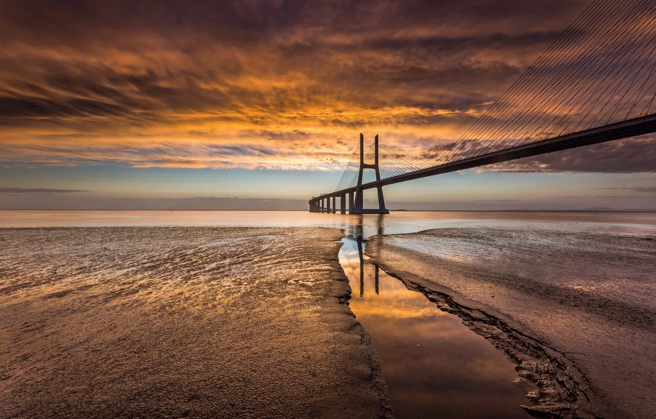Photo wallpaper bridge, coast, gold, Portugal, Lisbon