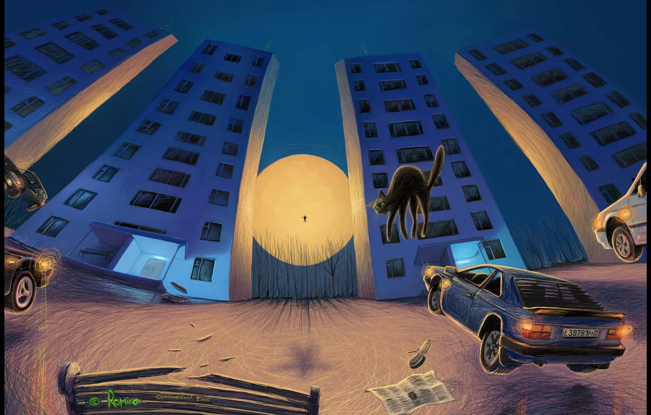 Photo wallpaper cat, romiro, yellow moon, orange devil