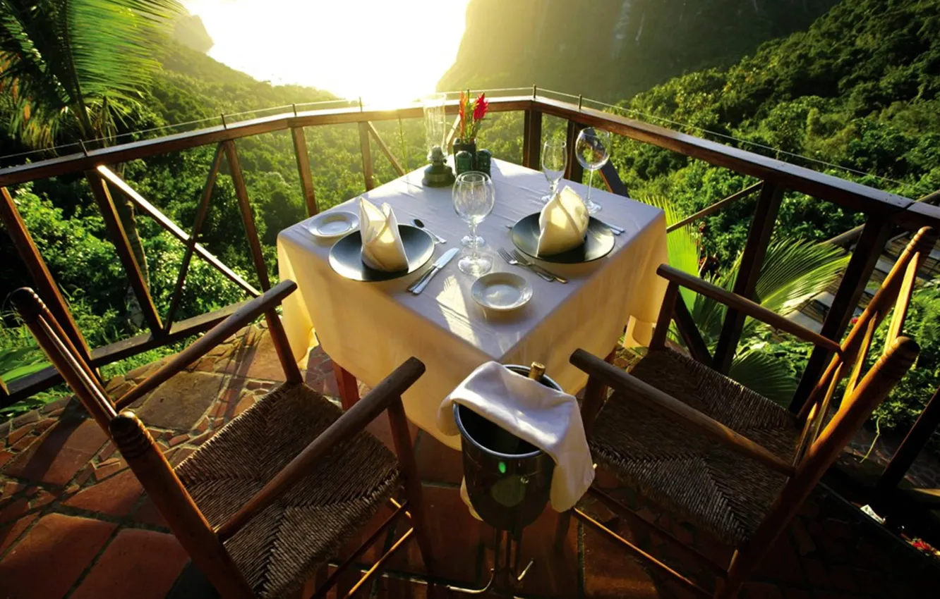 Photo wallpaper mountains, view, view, mountain, Caribbean Islands, Saint Lucia, Saint Lucia, a table for two