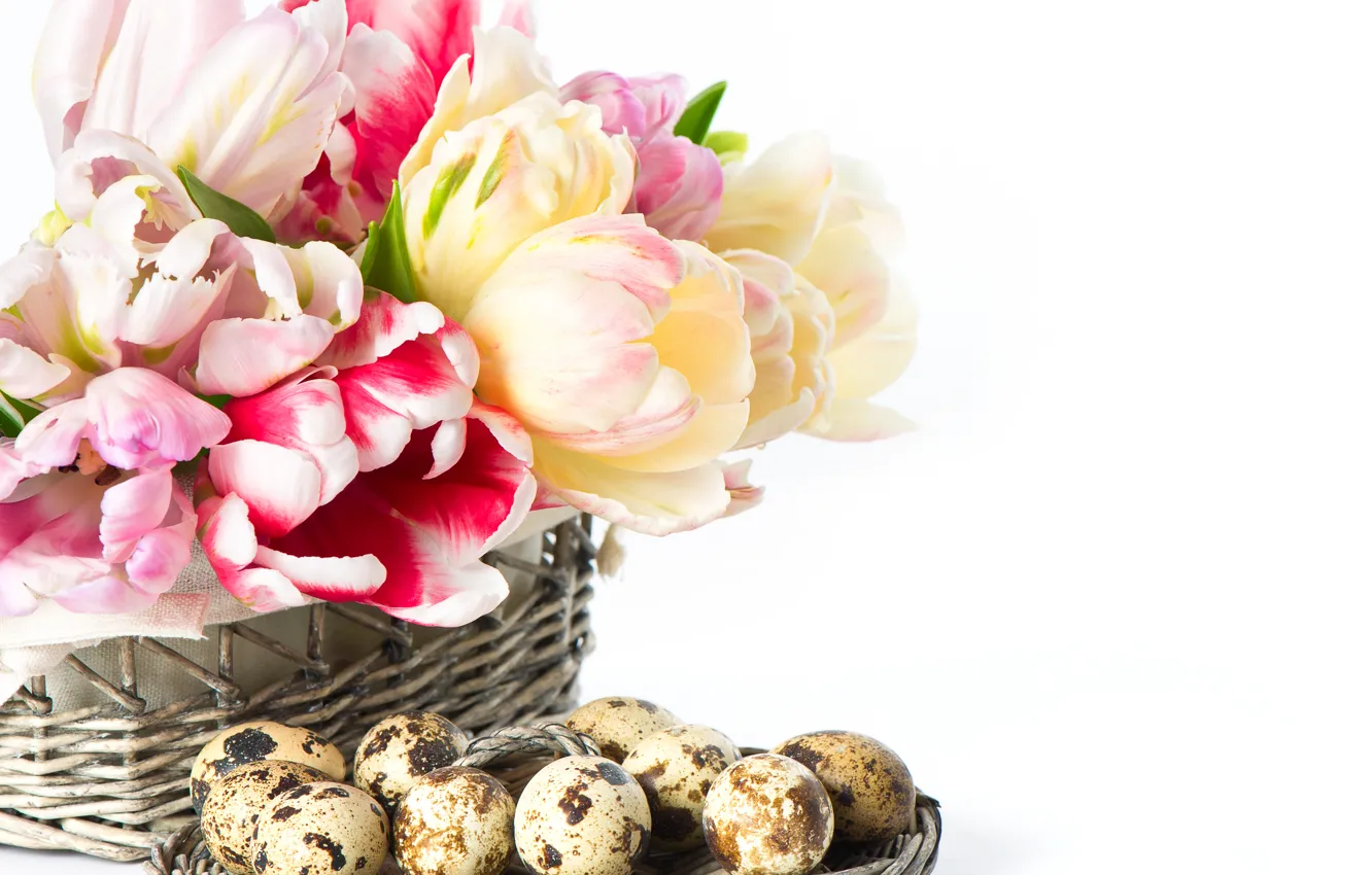 Photo wallpaper flowers, eggs, Easter, tulips, basket