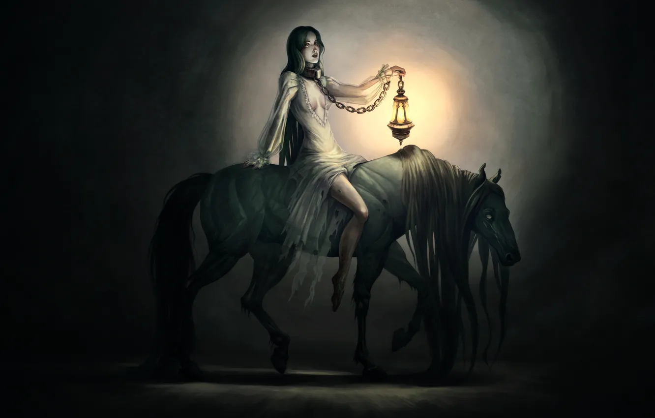 Photo wallpaper Girl, Horse, Girl, Dark, Lantern, Zombie, Art, Art