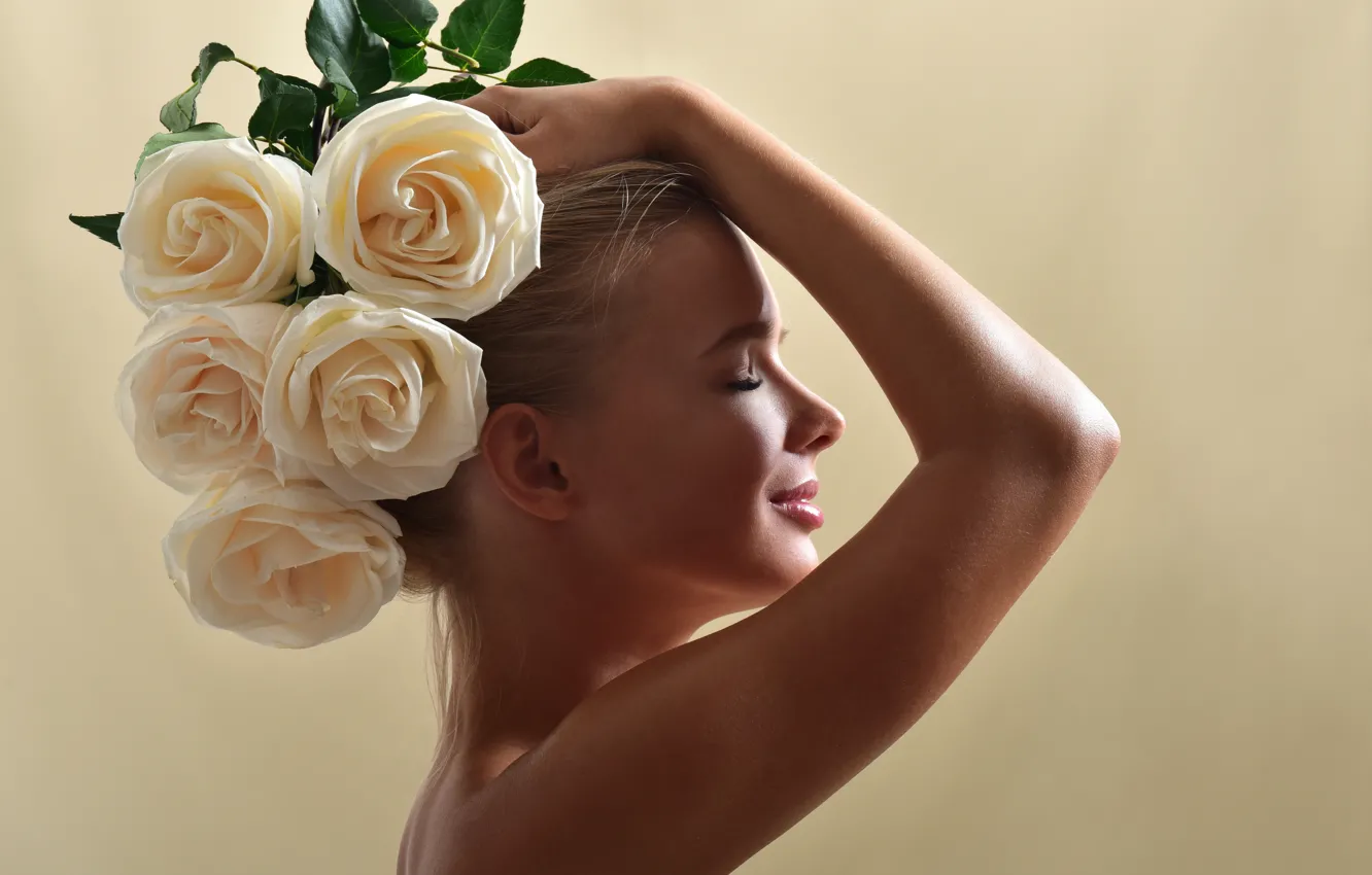 Photo wallpaper girl, flowers, pose, rozy