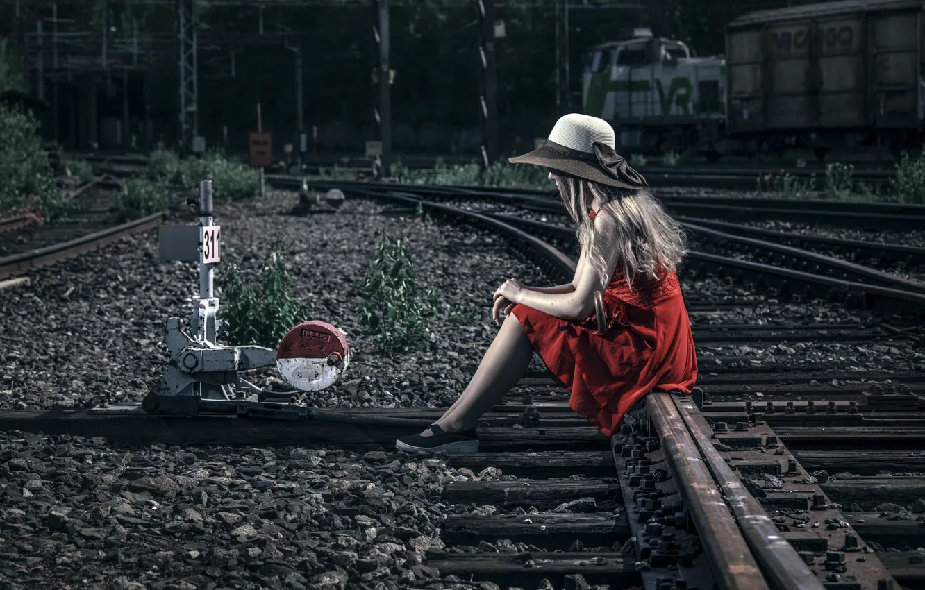 Photo wallpaper girl, night, railroad