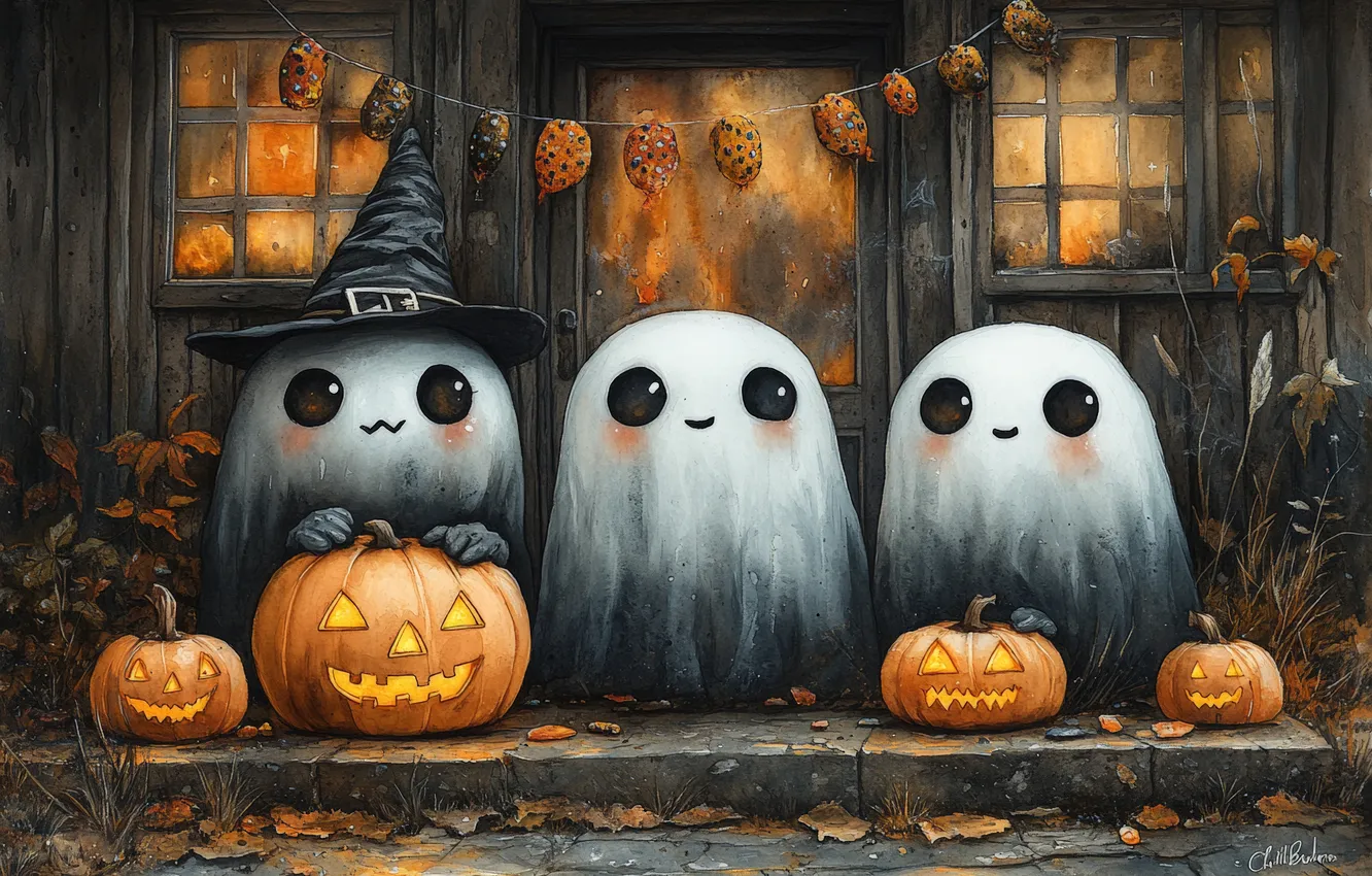 Photo wallpaper autumn, holiday, hat, trio, imitation painting, AI art, neural network, house