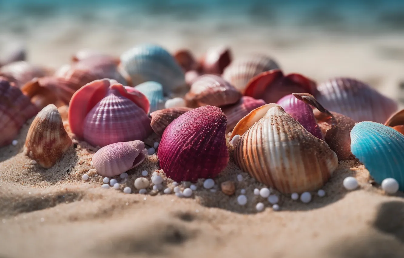 Photo wallpaper sea, beach, shore, shell, starfish, seashells, seashell, AI art
