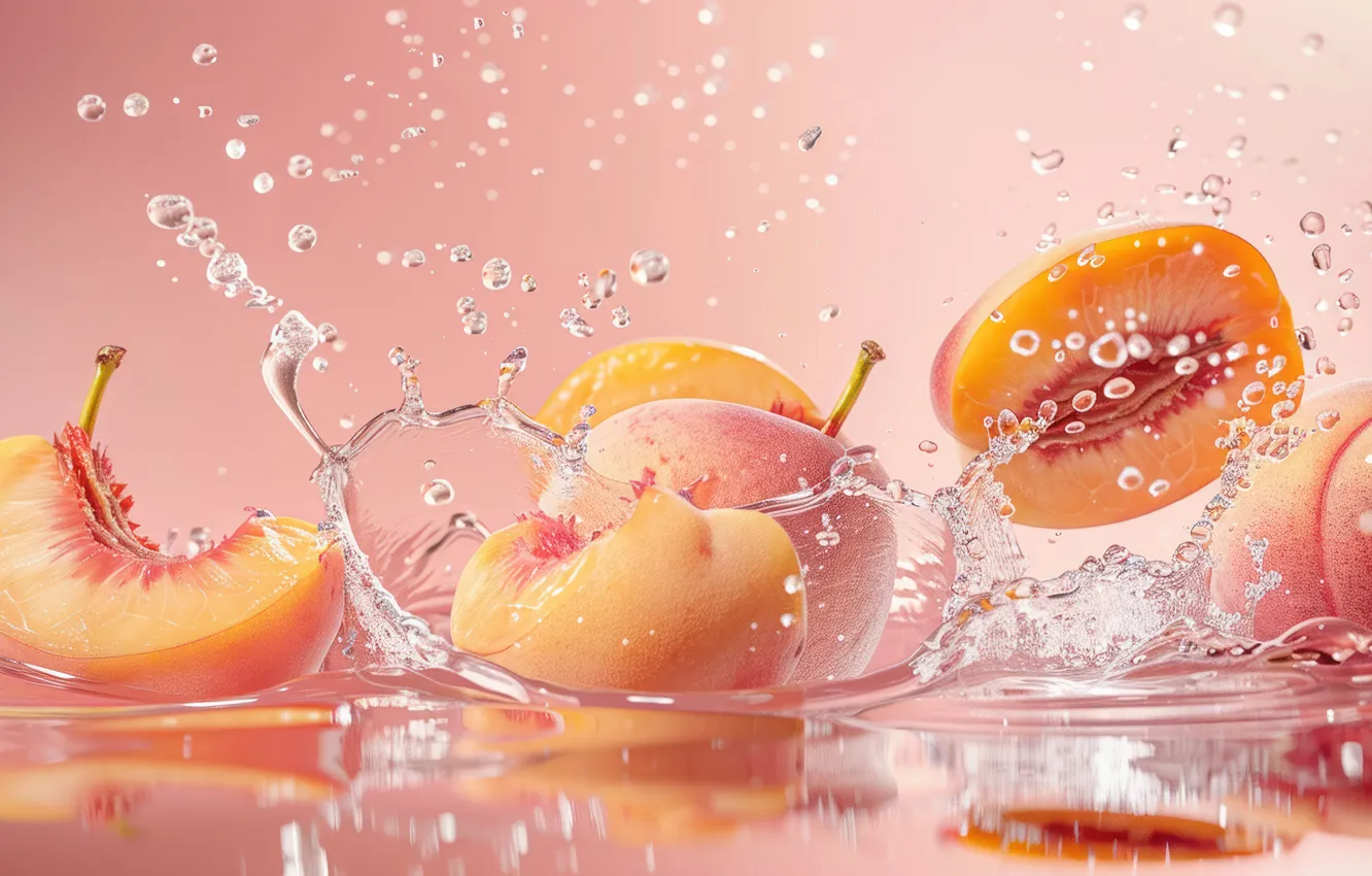 Photo wallpaper water, drops, squirt, splash, fruit, pink background, halves, in the water