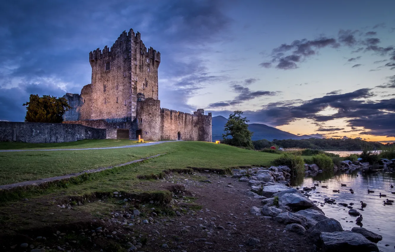 Photo wallpaper landscape, mountains, nature, lake, stones, castle, tower, Ireland