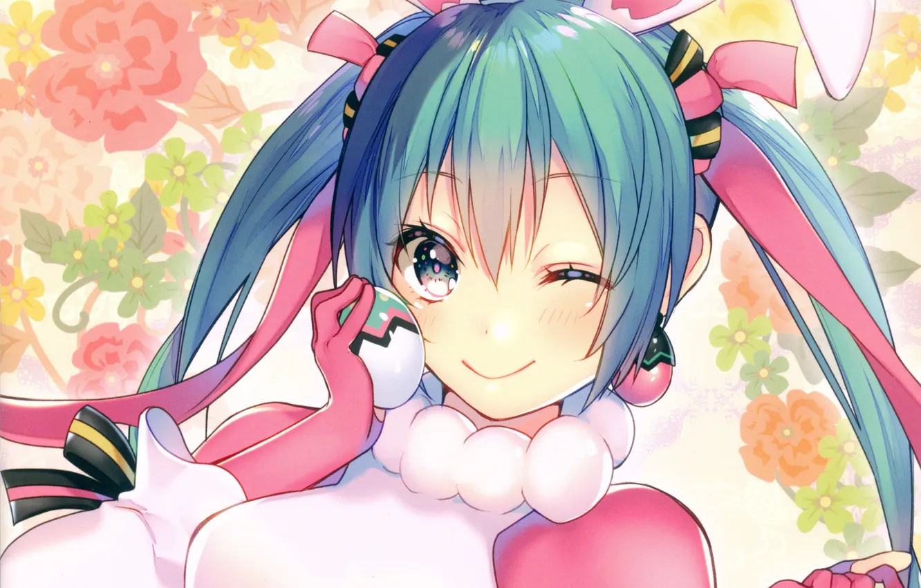 Photo wallpaper smile, vocaloid, hatsune miku, Vocaloid, blue hair, wink, Hatsune Miku, two tails