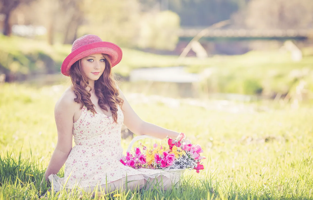 Photo wallpaper summer, girl, flowers, hat, basket