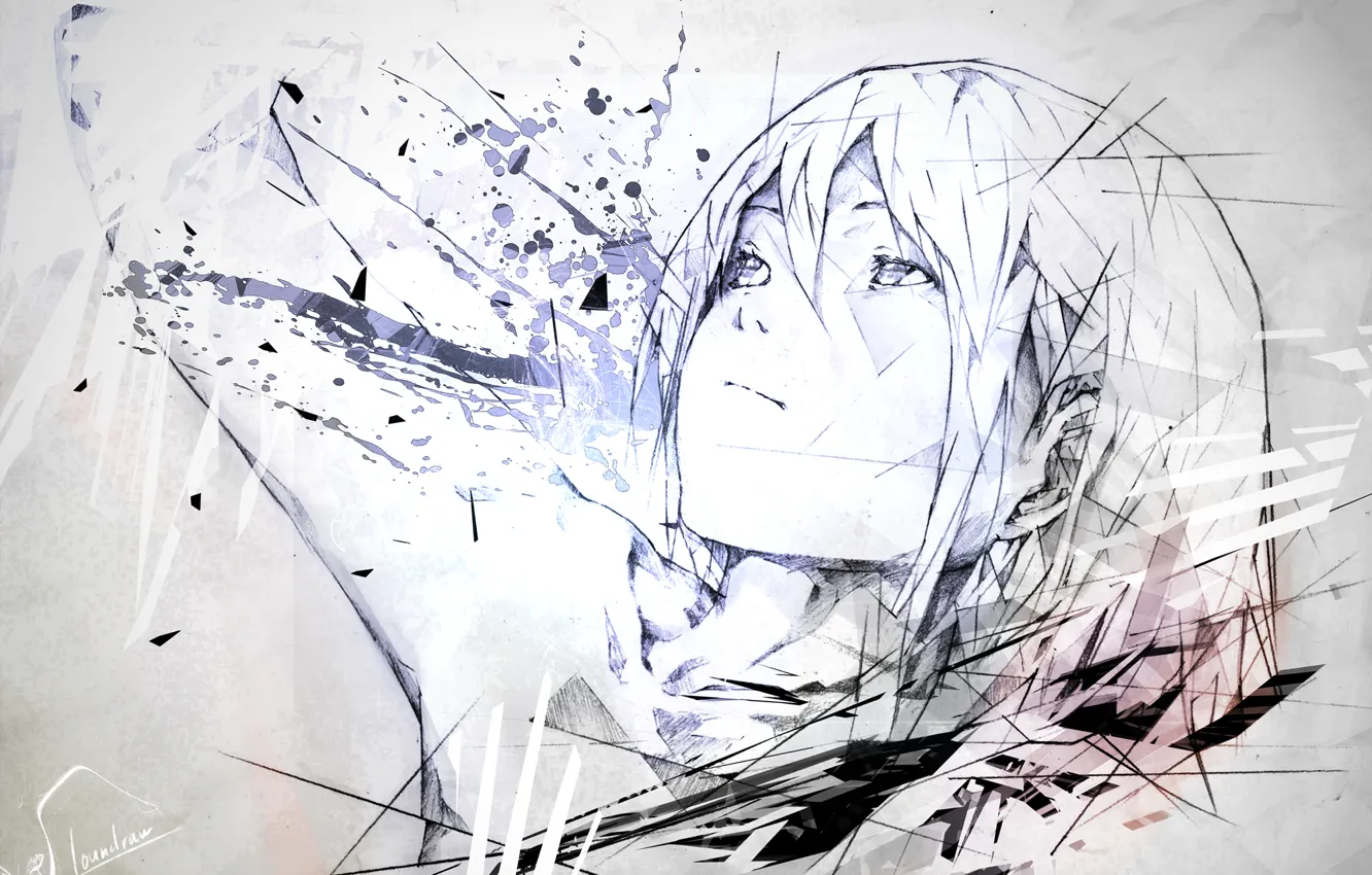 Photo wallpaper girl, line, squirt, face, blots, loundraw