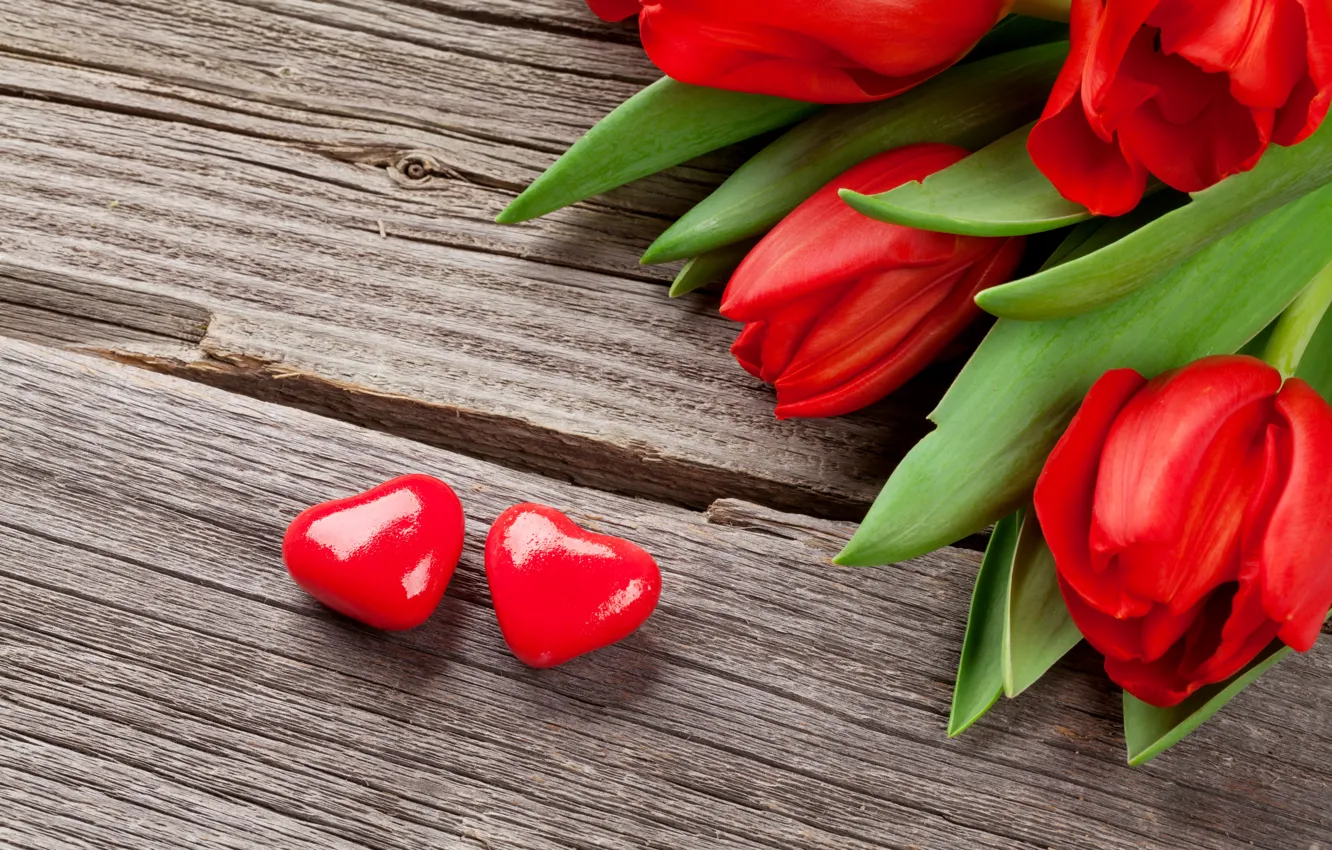 Photo wallpaper love, flowers, gift, bouquet, hearts, tulips, red, love