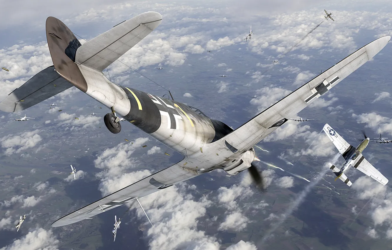 Photo wallpaper UNITED STATES AIR FORCE, Luftwaffe, North American P-51 Mustang, Messerschmitt Bf.109, single-engine piston fighter-low, American …