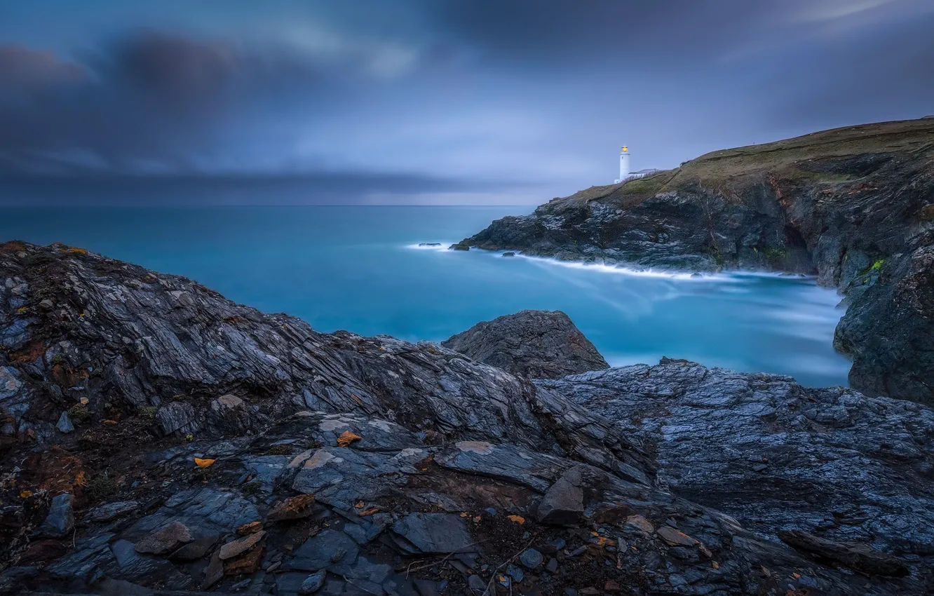 Photo wallpaper sea, clouds, blue, stones, overcast, shore, lighthouse, dal