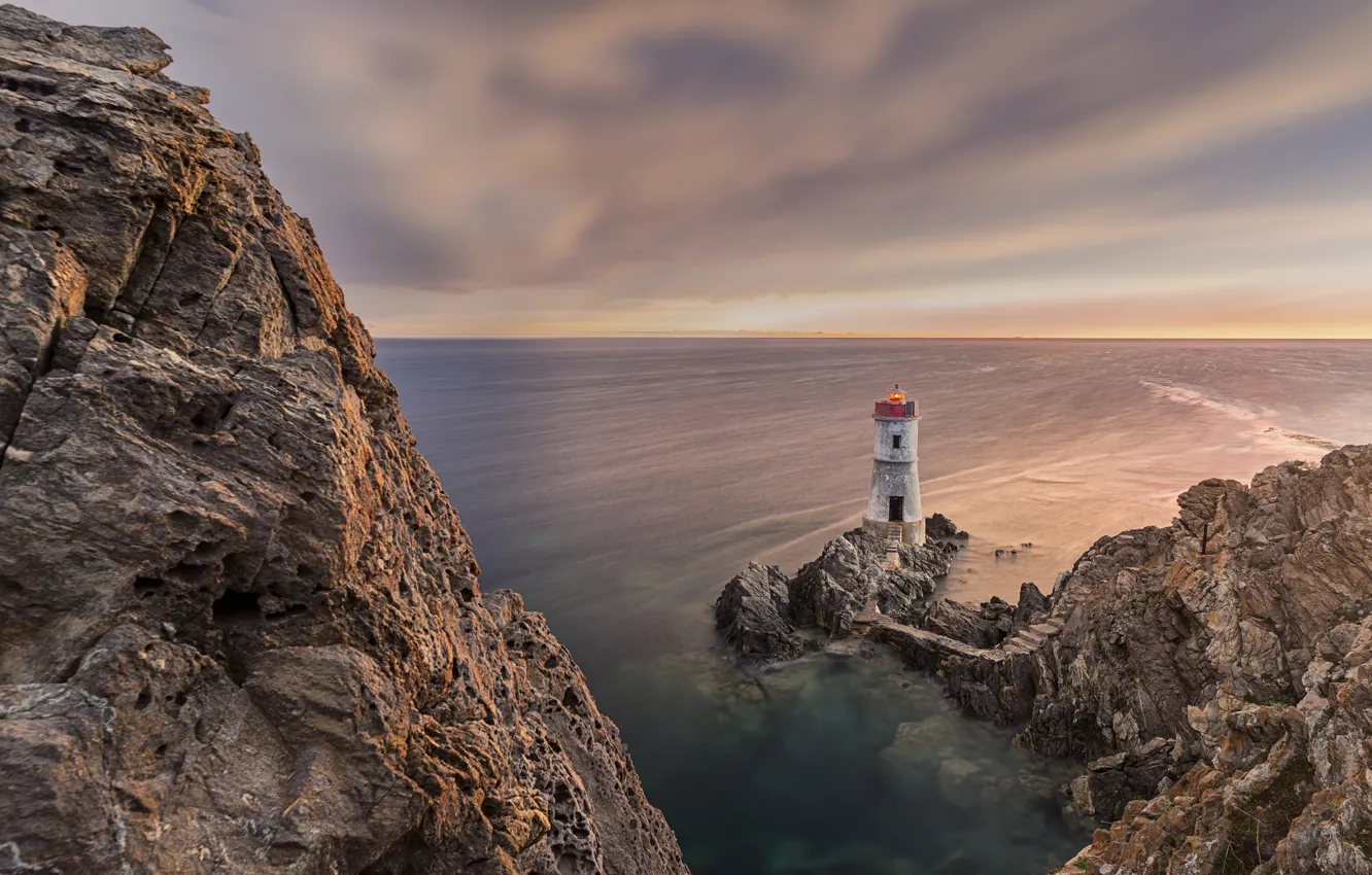 Photo wallpaper sea, landscape, sunset, nature, rocks, lighthouse