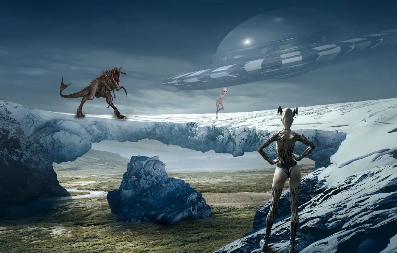 Photo wallpaper mountains, rendering, rocks, dinosaur, UFO, alien, mouth, alien