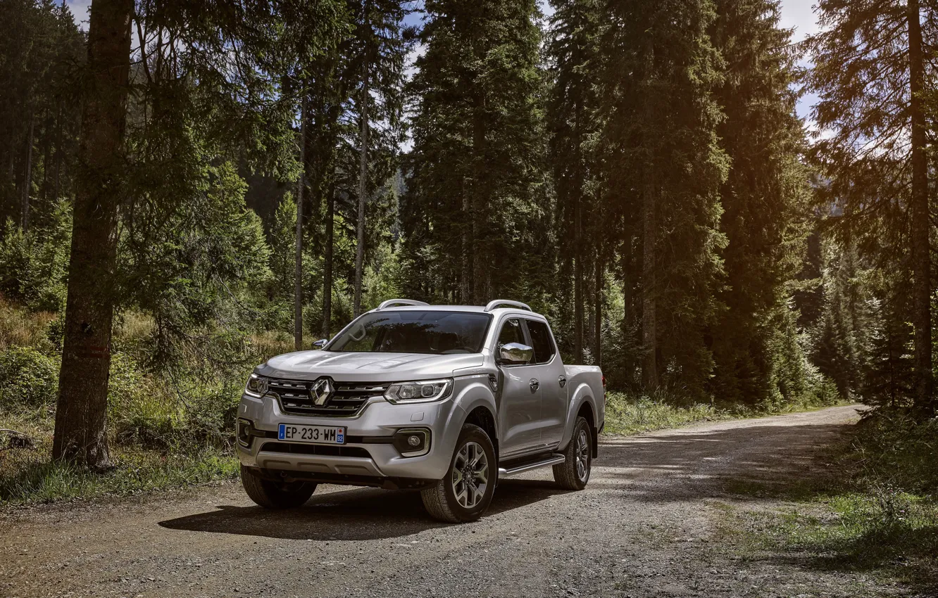 Photo wallpaper trees, Renault, pickup, 4x4, forest road, 2017, Alaskan, gray-silver