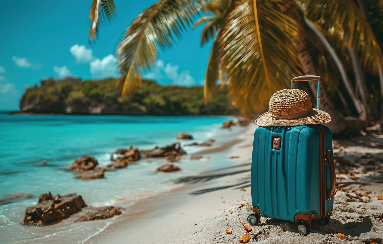 Photo wallpaper sand, sea, beach, summer, stay, suitcase, summer, holidays