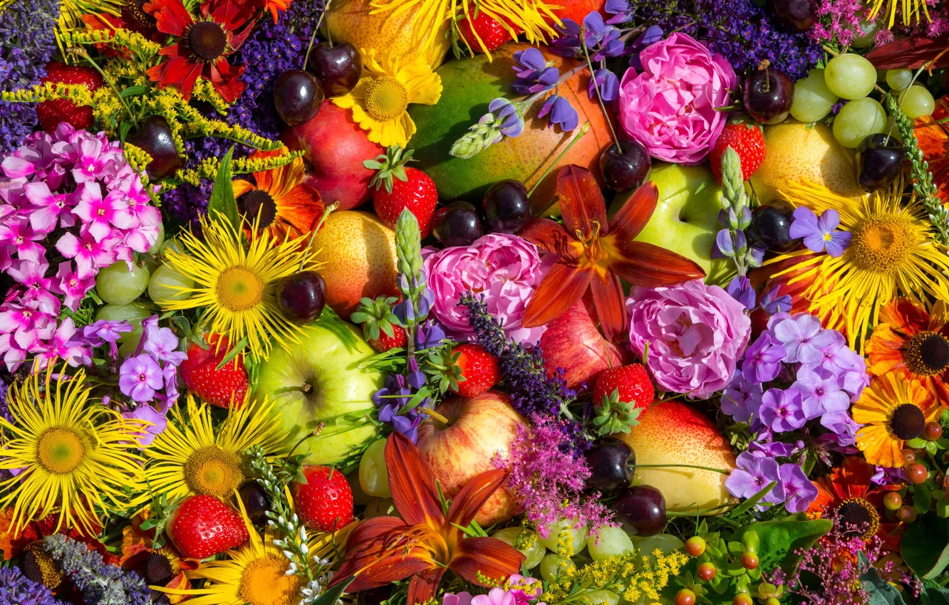 Photo wallpaper flowers, berries, fruit