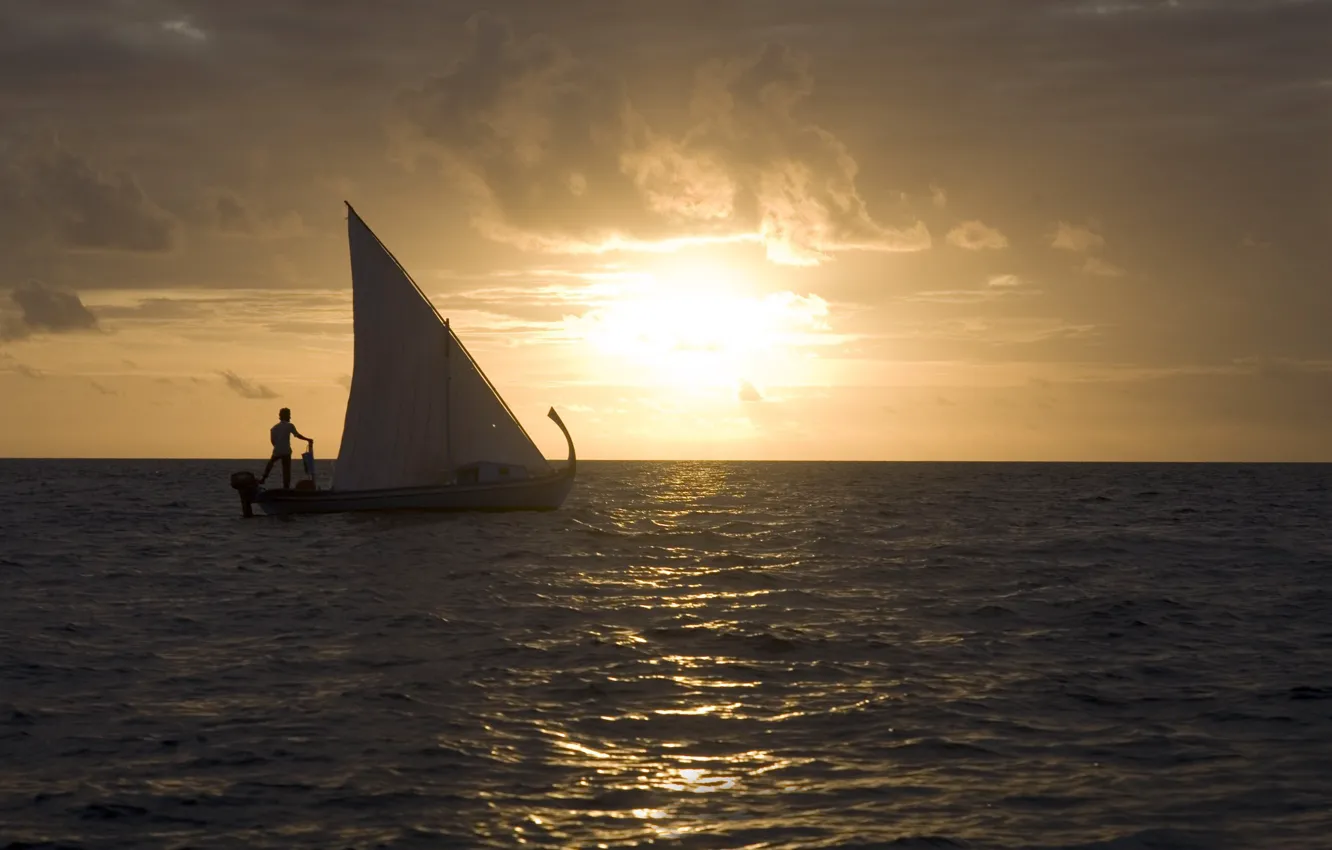 Photo wallpaper the sun, the ocean, boat, the evening, sail