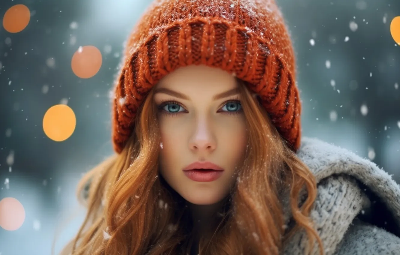 Photo wallpaper winter, look, girl, snow, nature, face, pose, glare