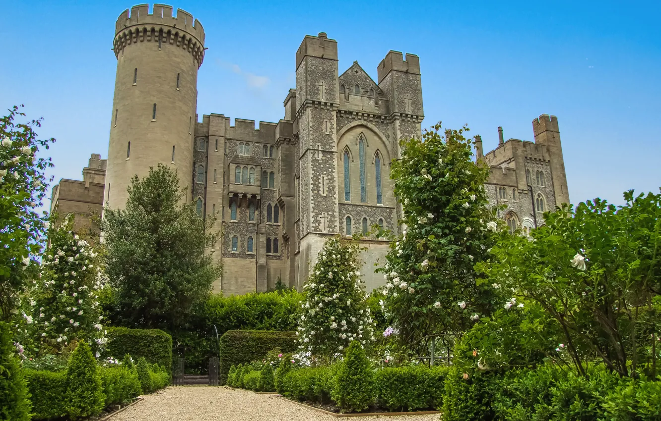 Photo wallpaper summer, the sky, trees, England, garden, architecture, neo-Gothic, arundel Castle