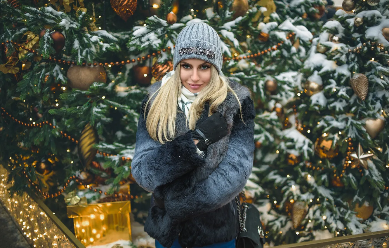 Photo wallpaper look, girl, model, blonde, cap, coat, Alina, Dmitry Medved