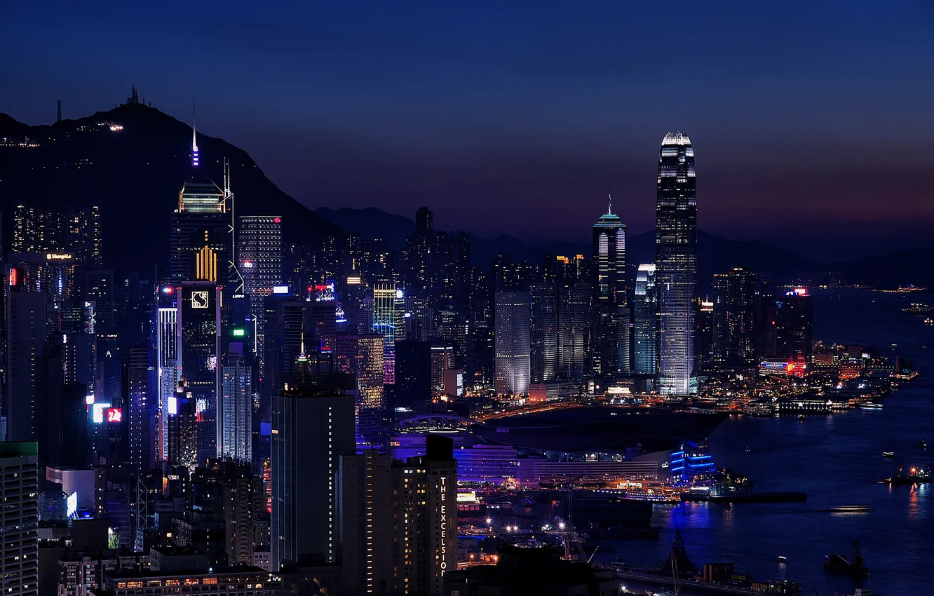Photo wallpaper night, the city, lights, building, Hong Kong, skyscrapers, the evening, Bay