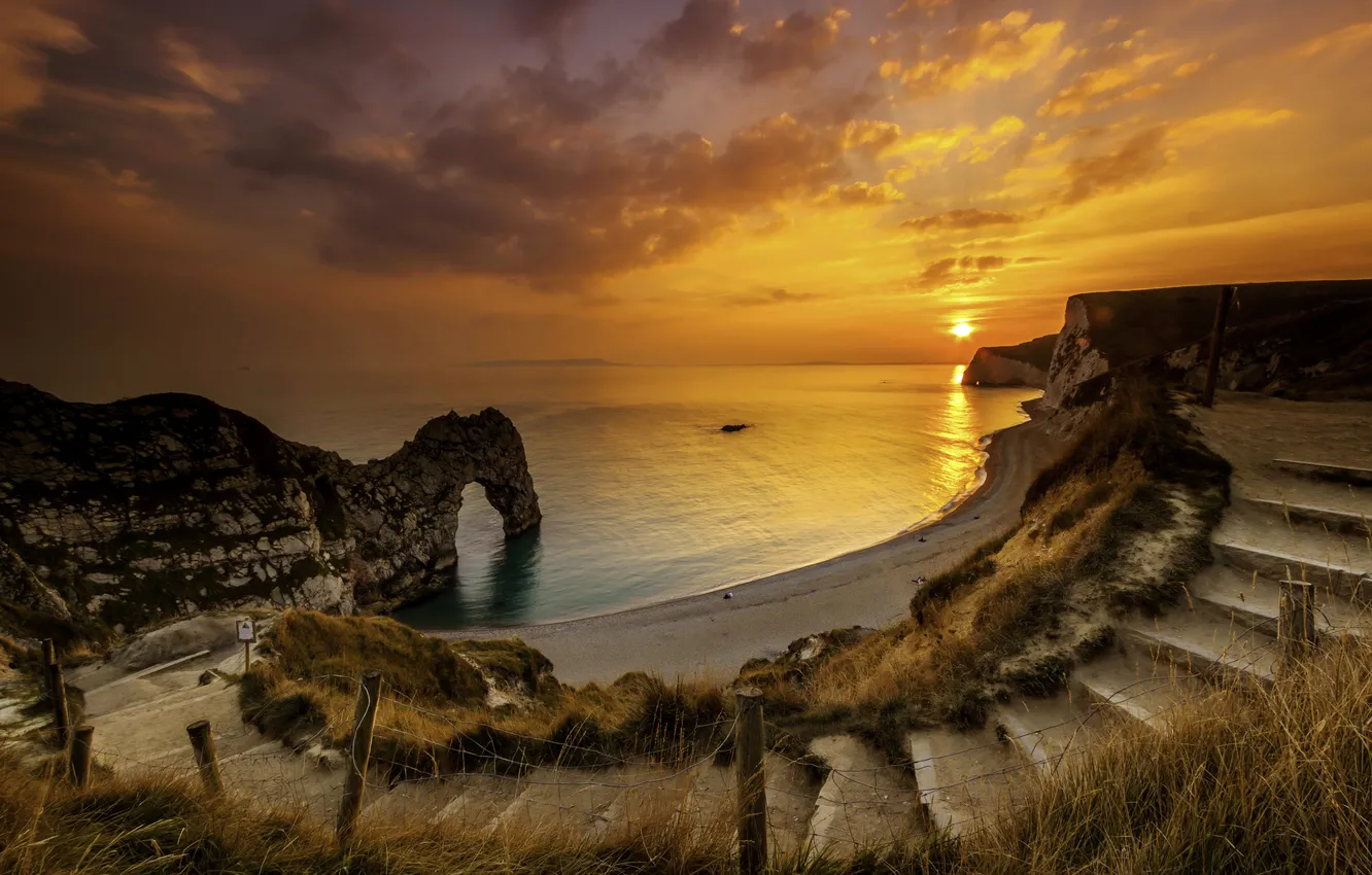 Photo wallpaper sea, beach, sunset, stones, rocks, coast, the descent, horizon