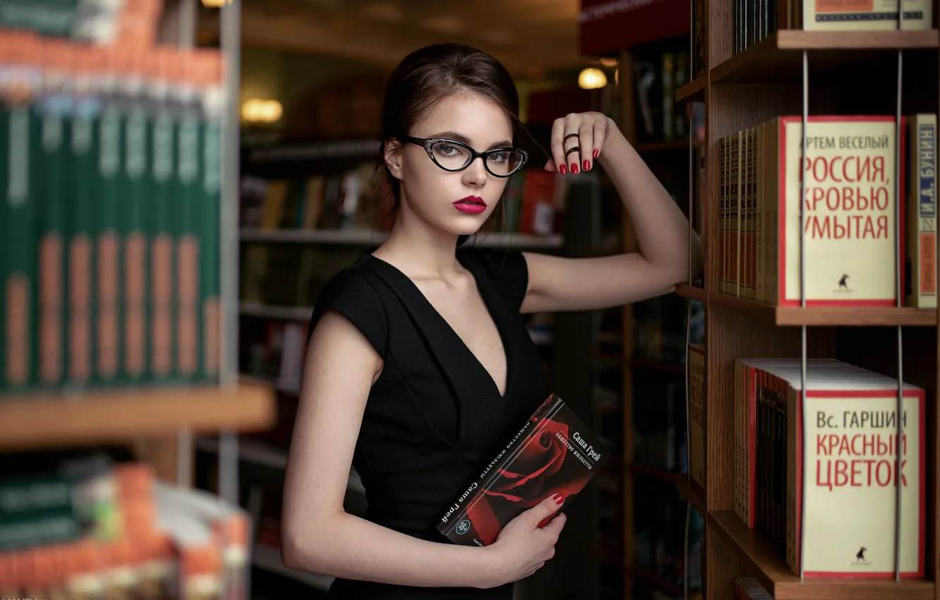 Photo wallpaper girl, hair, dress, book, library, beautiful, Karina Maksimova