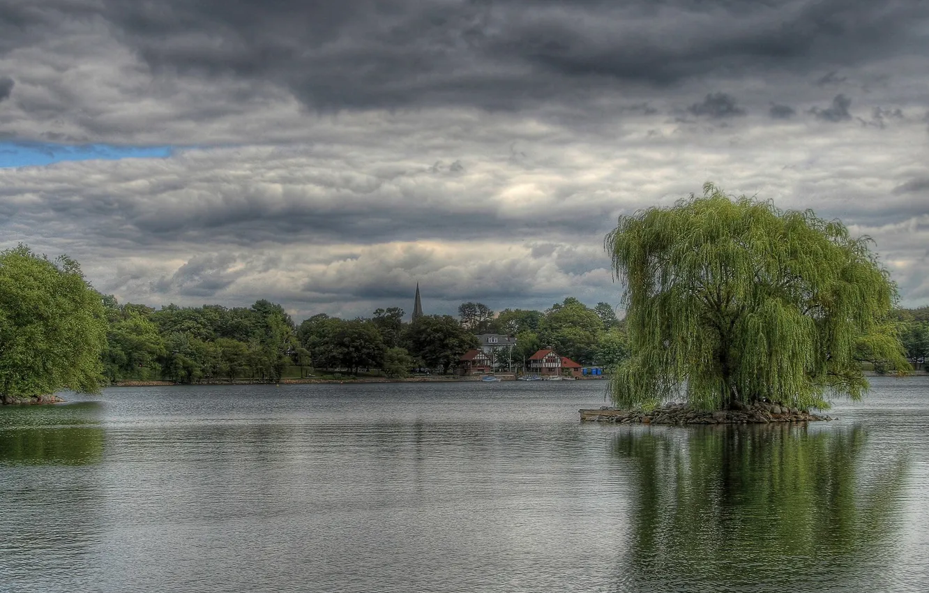 Photo wallpaper the sky, clouds, trees, river, overcast, shore, home, ruffle