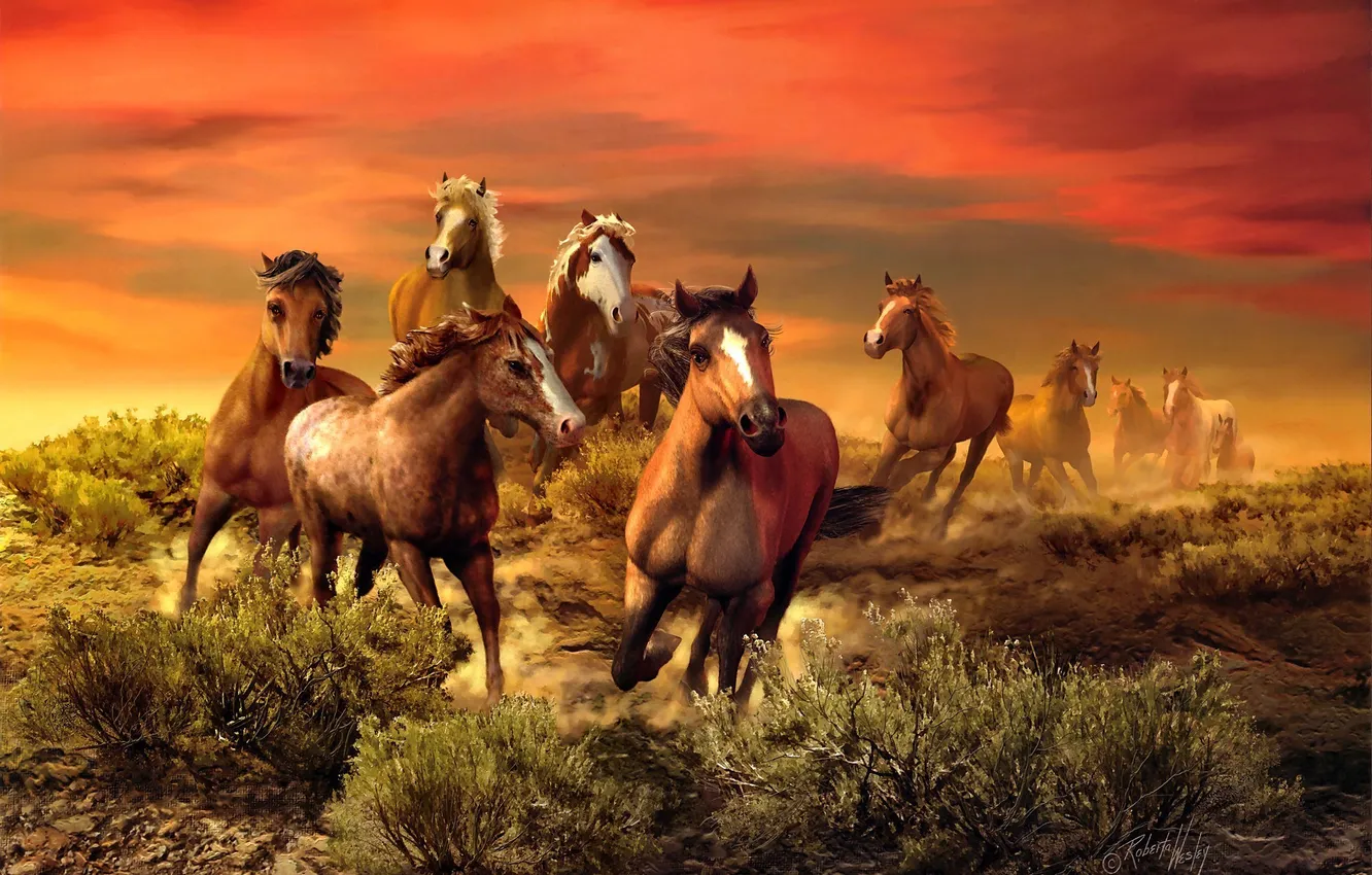 Photo wallpaper animal, horse, painting, Roberta Wesley, crimson sky, a herd of horses, The Wild Bunch