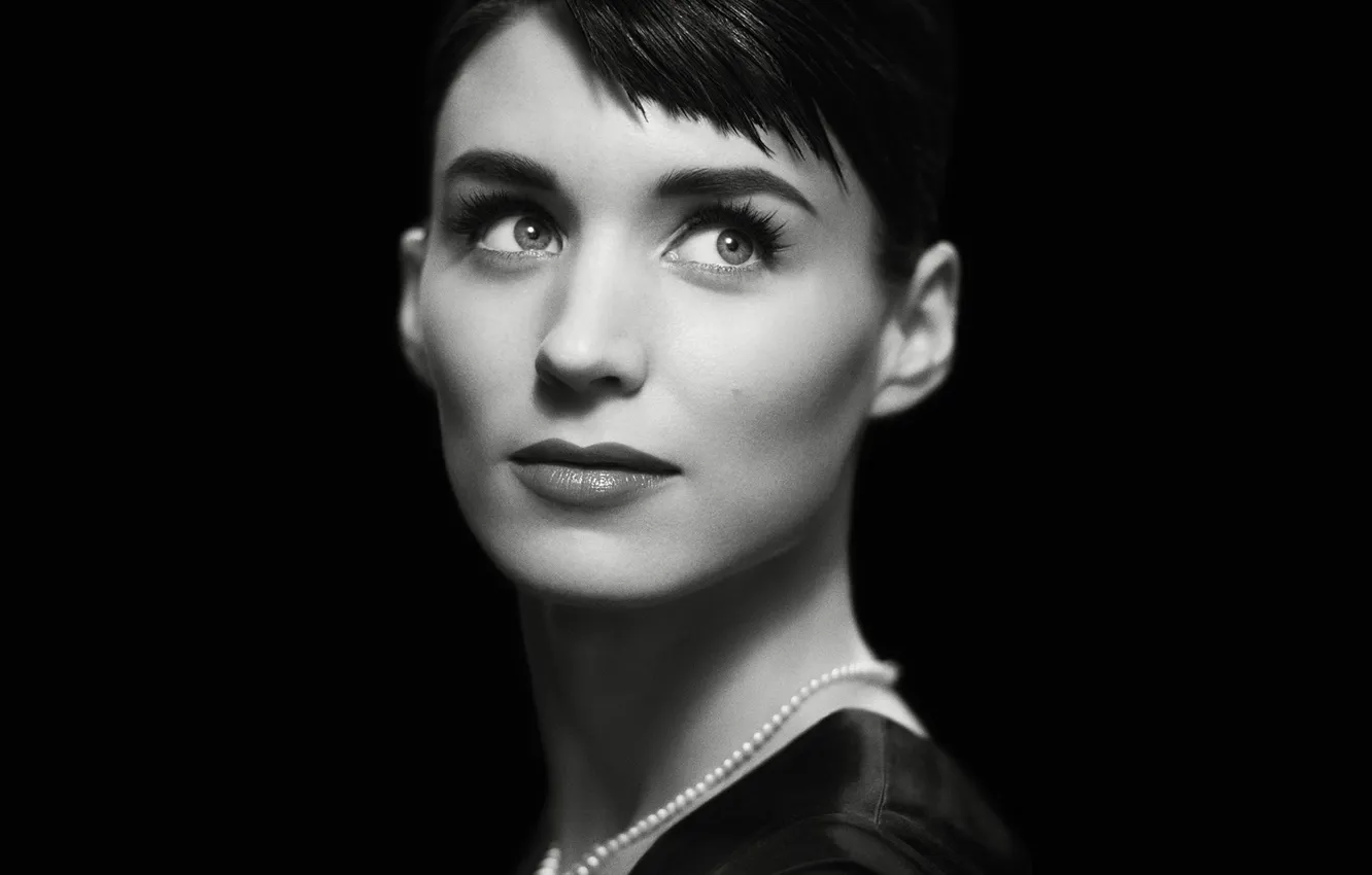 Photo wallpaper portrait, makeup, actress, brunette, hairstyle, black and white, black background, Rooney Mara