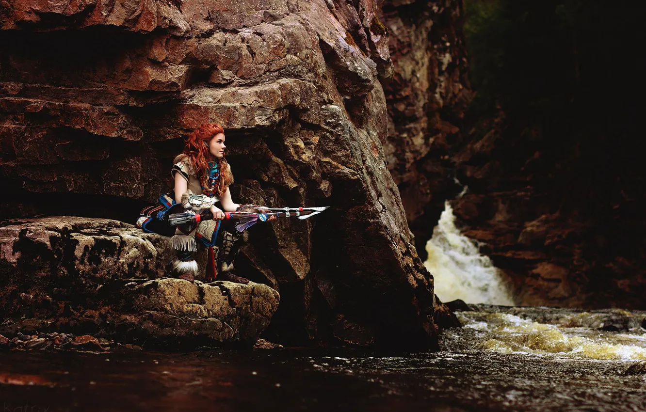 Photo wallpaper lake, rocks, Cosplay, Horizon: Zero Dawn, Eloy