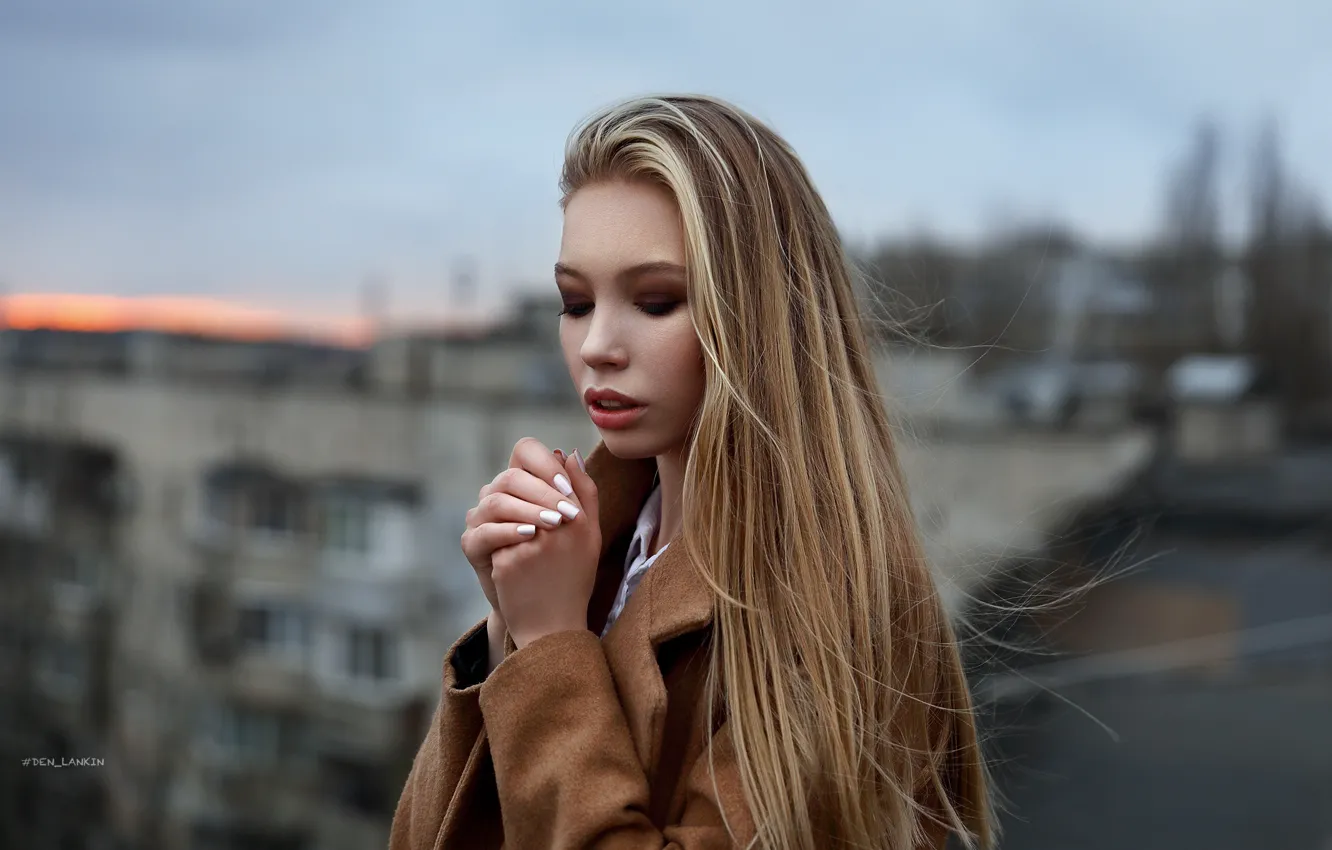 Photo wallpaper girl, face, pose, portrait, hands, makeup, coat, long hair