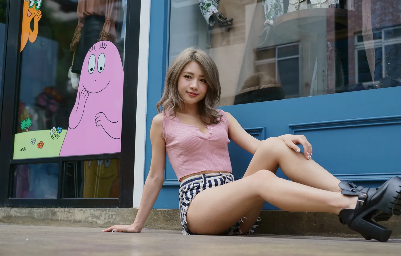 Photo wallpaper girl, shorts, legs, Asian, t-shirt, sitting