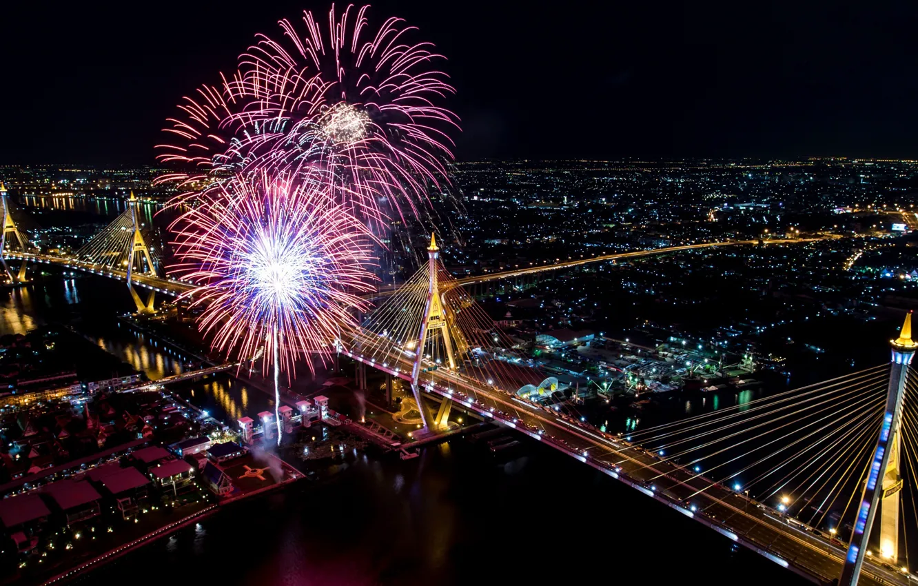 Photo wallpaper night, bridge, lights, salute, fireworks, Thailand, Bangkok