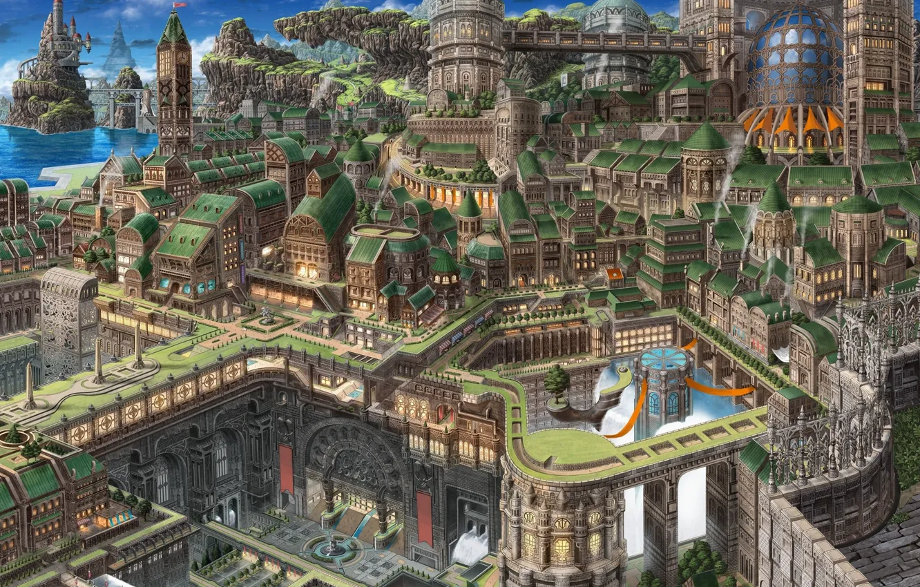 Photo wallpaper roof, water, light, trees, bridge, the city, Park, fantasy