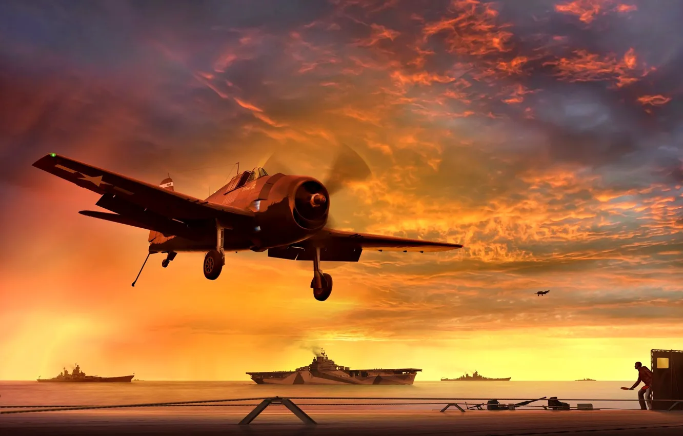 Photo wallpaper aviation, sunset, the carrier, American, Grumman, deck, carrier-based fighter, WW2